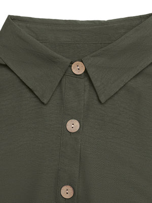 Button-down midi dress in olive green with collared neckline and wooden buttons.