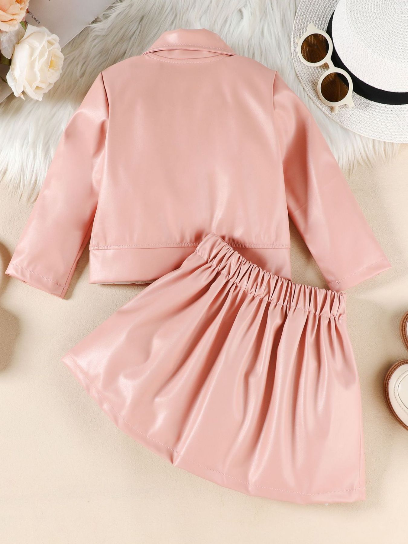 Pink faux leather jacket and skirt set for baby girls with elastic waist skirt