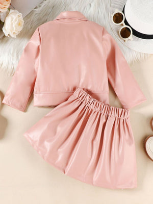 Pink faux leather jacket and skirt set for baby girls with elastic waist skirt