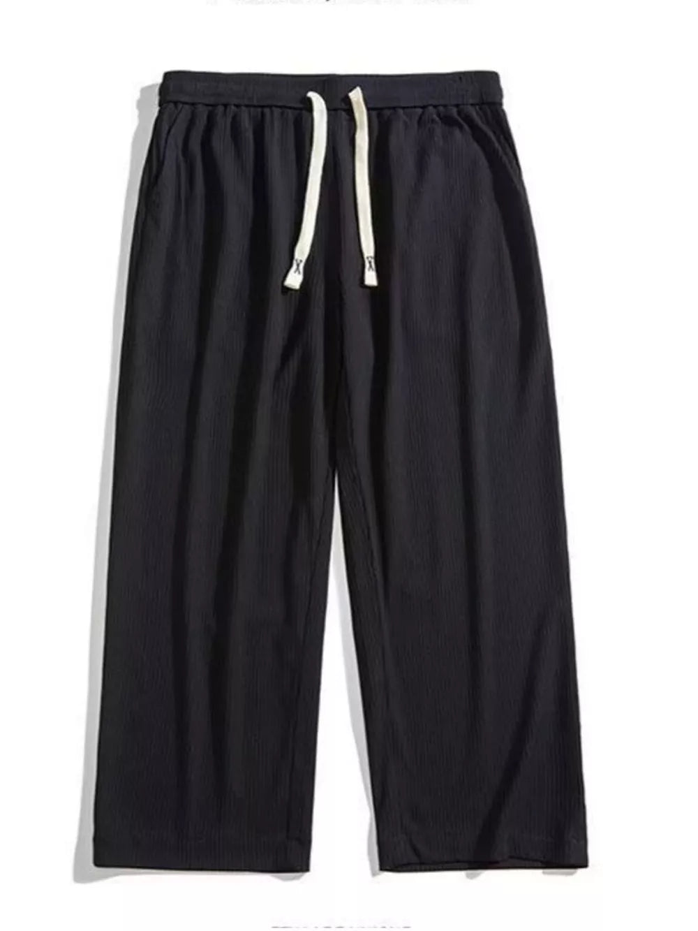 Black drawstring wide leg sweatpants with vertical texture