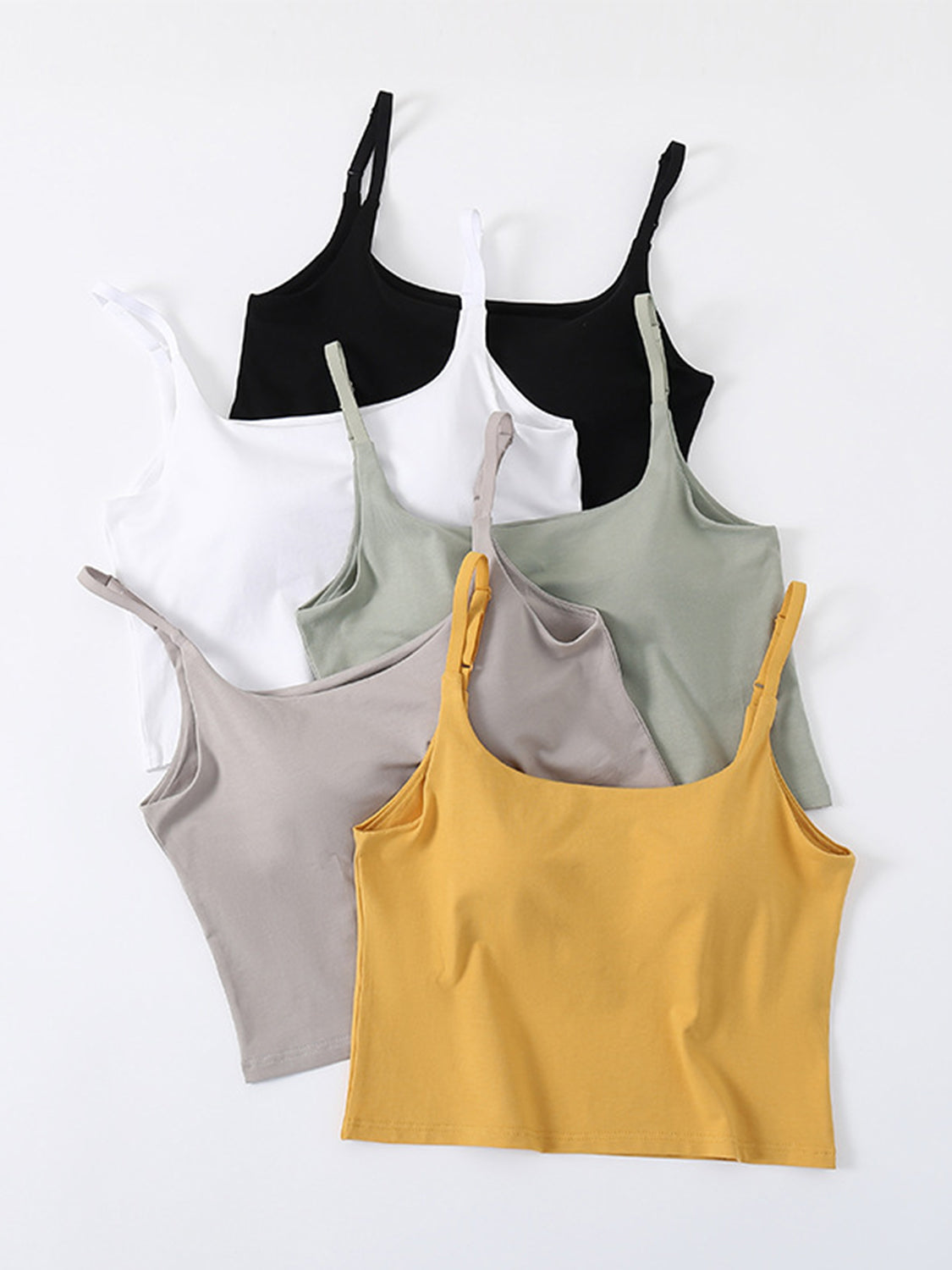 Built-in bustier crop camisole in mustard, black, white, sage, and dust storm.