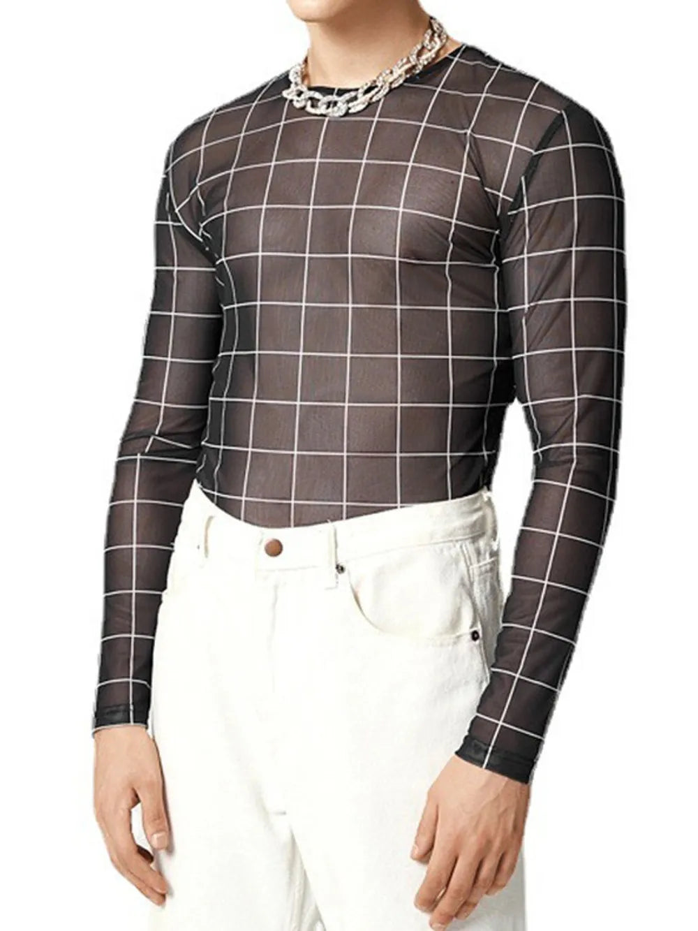 Black sheer mesh second-skin top with white grid print and crew neck.