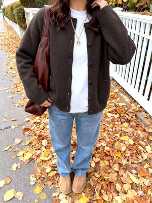 Crew Neck Button-up Cardigan in Brown, model styling view