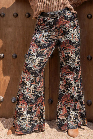 Velvet palazzo trousers in black with a paisley print and wide leg