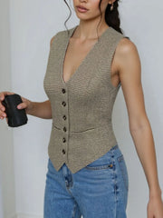 Tailored houndstooth bustier vest in mocha with button front and V-neckline.