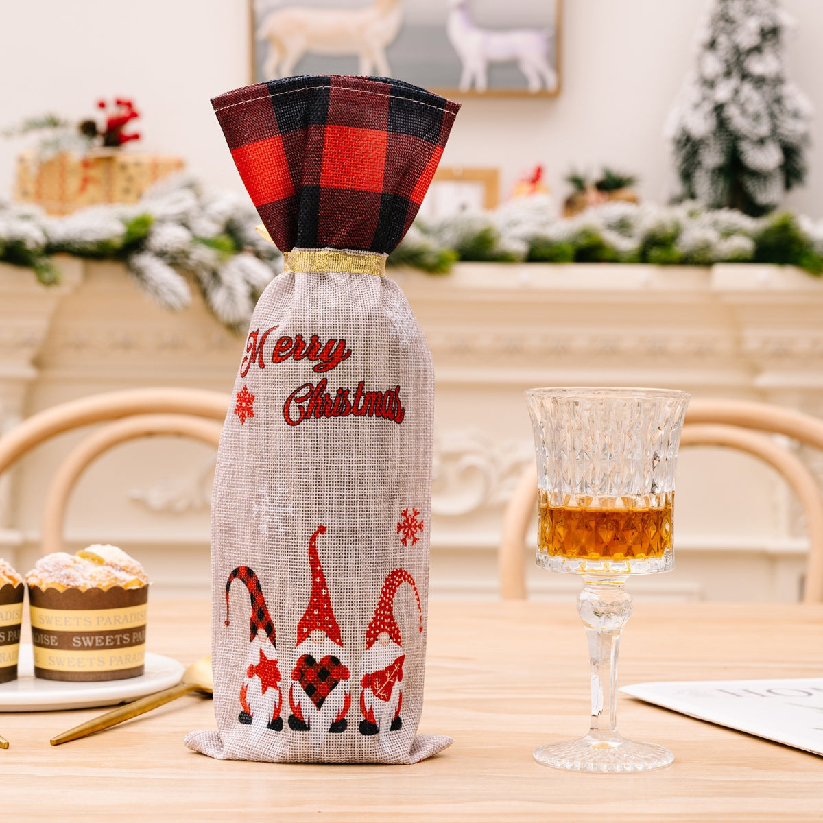 Gnome wine bottle gift bag with red/black buffalo plaid top and Merry Christmas text.