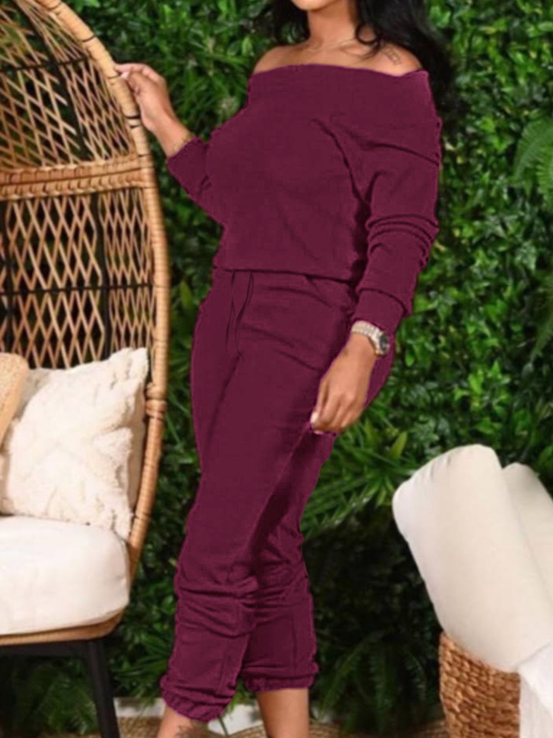 Burgundy off-shoulder loungewear set with ruched hem pants and long sleeves.