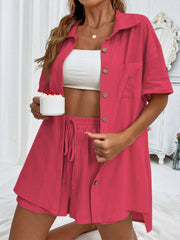 Linen resort shirt and shorts set in Deep Rose, buttoned front, drawstring waist shorts.