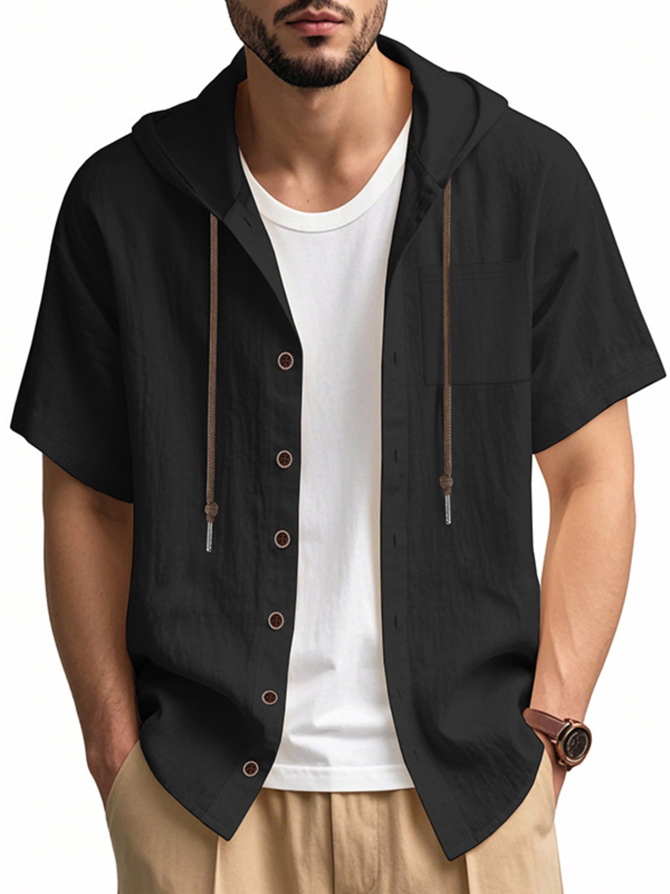 Men's black short sleeve hooded button-down shirt with pocket and drawstring hood