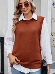 Brown ribbed knit vest with side buttons, crew neck, and a relaxed fit, layered over a white shirt.