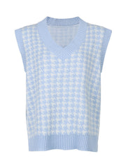 Houndstooth knit V-neck tank top in light blue and white with ribbed trim.