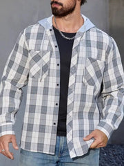 Plaid long sleeve button-up shirt with hood in light gray cotton, featuring chest pockets.