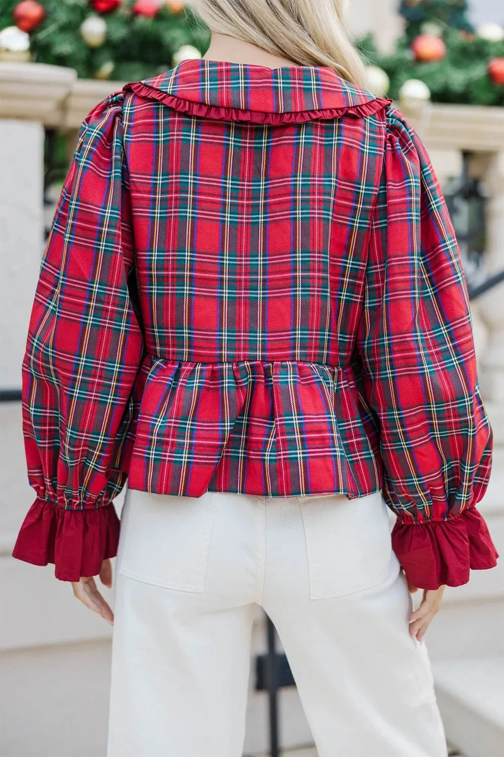 Plaid Tie Neck Ruffle Cuffs Blouse, side view