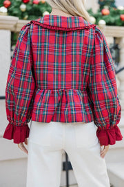 Plaid Tie Neck Ruffle Cuffs Blouse, side view