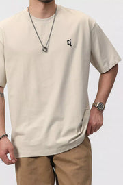 Men's cream cotton blend crew neck tee with embroidered logo detail