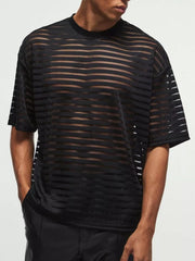 Men's black sheer striped round neck t-shirt with short sleeves.