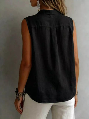 Black sleeveless button-up shirt with collar and back pleats.