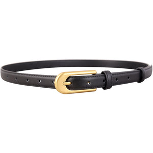 Black matte leather belt with a gold buckle and multiple holes.