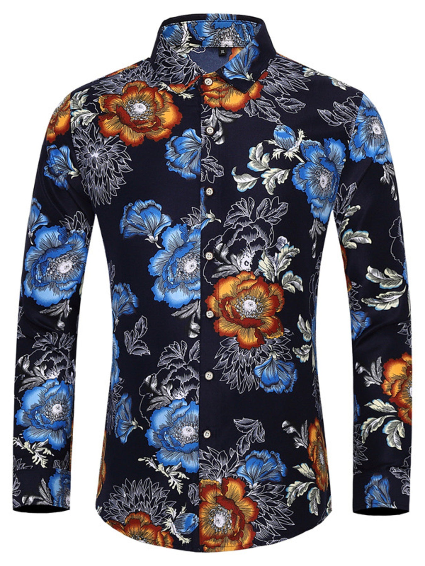 Men's blue floral print button-down shirt with long sleeves.