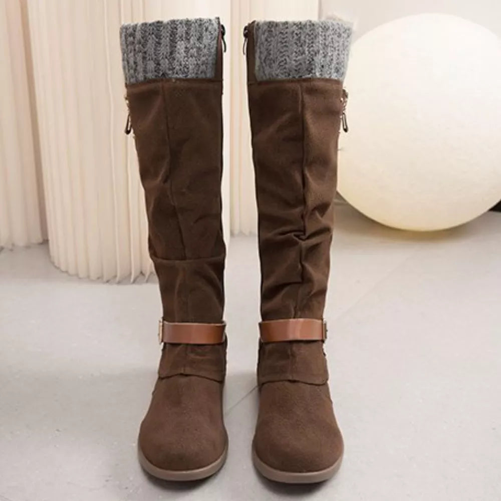 Brown suede slouch boots with knit cuff and buckle detail
