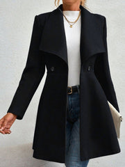 Black draped collar flare-hem coat with button details and a chic silhouette.
