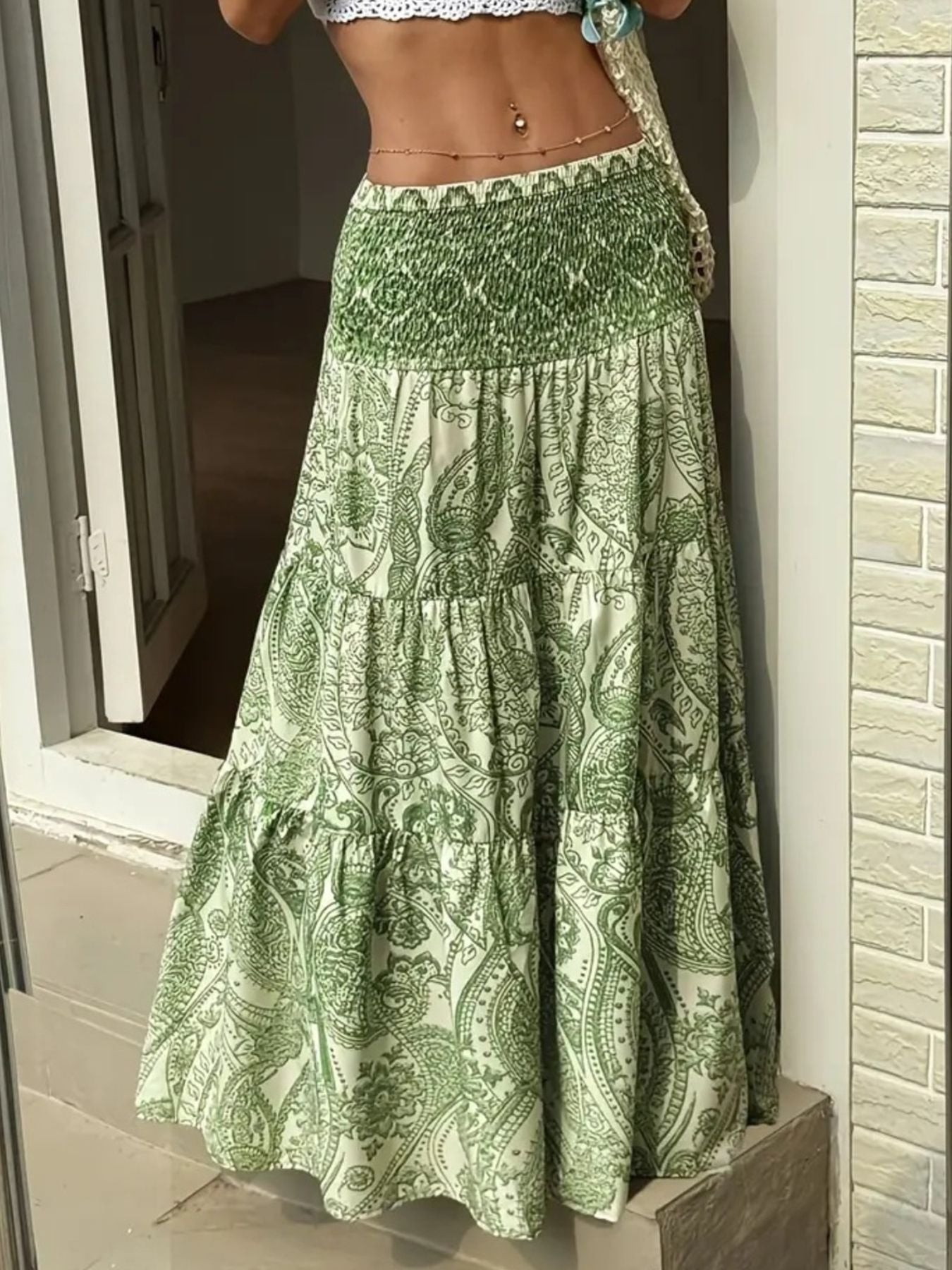 Bohemian maxi skirt in Gum Leaf green with paisley print and smocked waist
