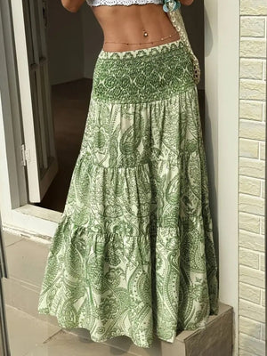 Bohemian maxi skirt in Gum Leaf green with paisley print and smocked waist