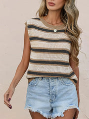 Ribbed striped knit top with round neck in tan and black, sleeveless, casual women's fashion