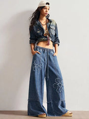 Distressed Floral Appliqué Wide-leg Jeans