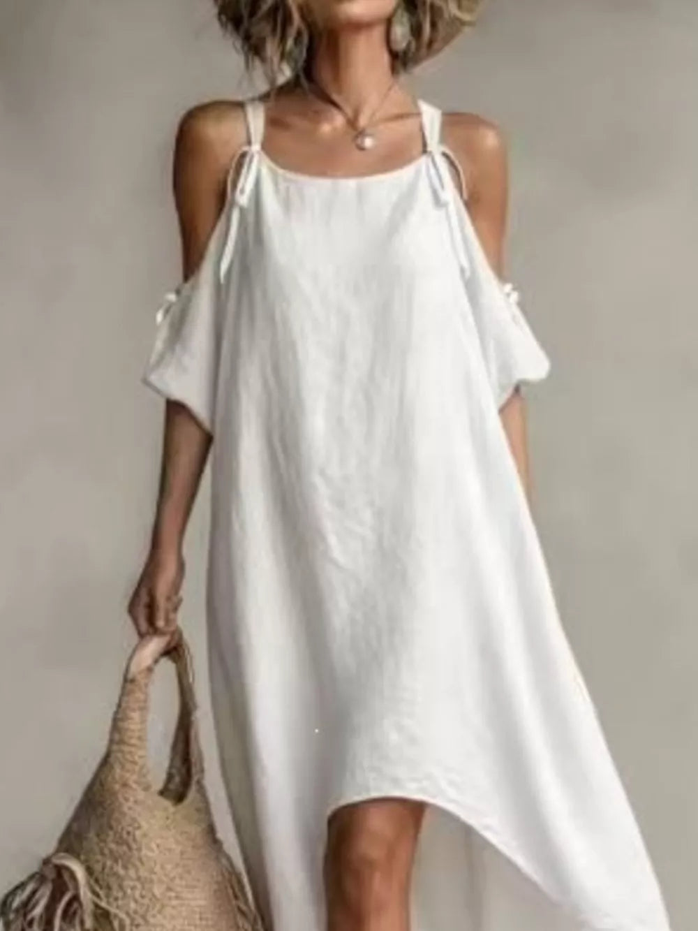 High-low Cold Shoulder Maxi Dress in White, model styling view