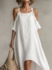 High-low Cold Shoulder Maxi Dress in White, model styling view