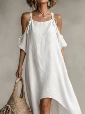 High-low Cold Shoulder Maxi Dress in White, model styling view