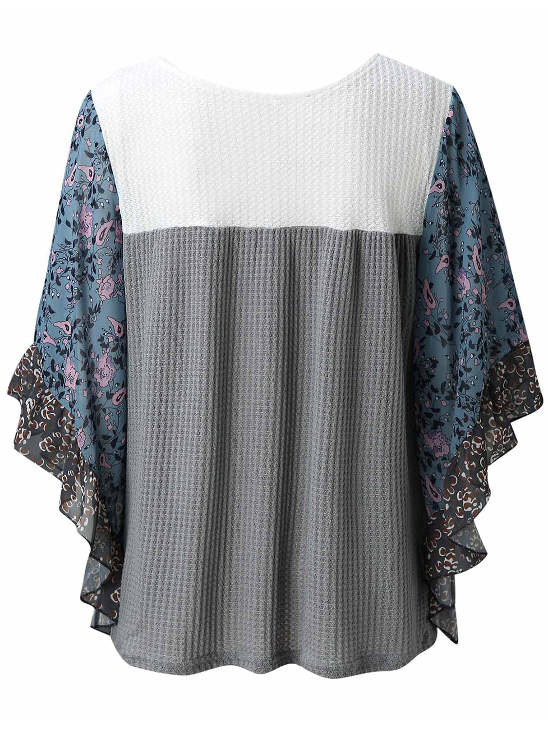 Textured panel blouse with floral print flutter sleeves in dusty blue and gray waffle knit.