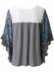 Textured panel blouse with floral print flutter sleeves in dusty blue and gray waffle knit.