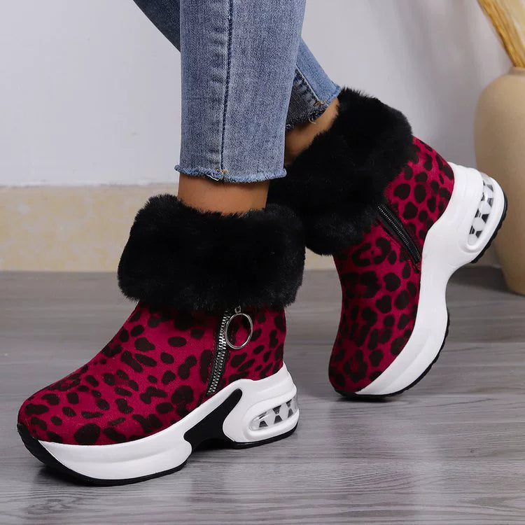 Burgundy leopard print plush ankle boots with side zipper and air cushion sole.