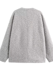 Textured knit tie-front coat in silver gray with a round neckline and long sleeves.