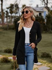 Black longline ribbed knit button-down cardigan with pockets.