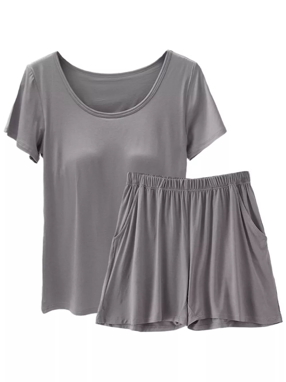 Heather gray two-piece pajama set with scoop neck t-shirt and elastic waist shorts with pockets.