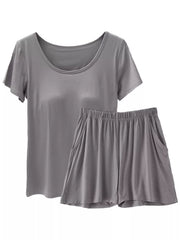 Heather gray two-piece pajama set with scoop neck t-shirt and elastic waist shorts with pockets.