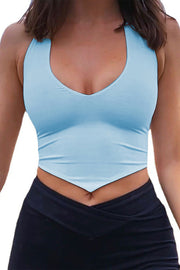 Sky blue halter crop top with a deep V-neck and pointed hem.
