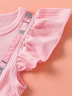 Pink baby dress with ruffled cap sleeves and zigzag trim detail
