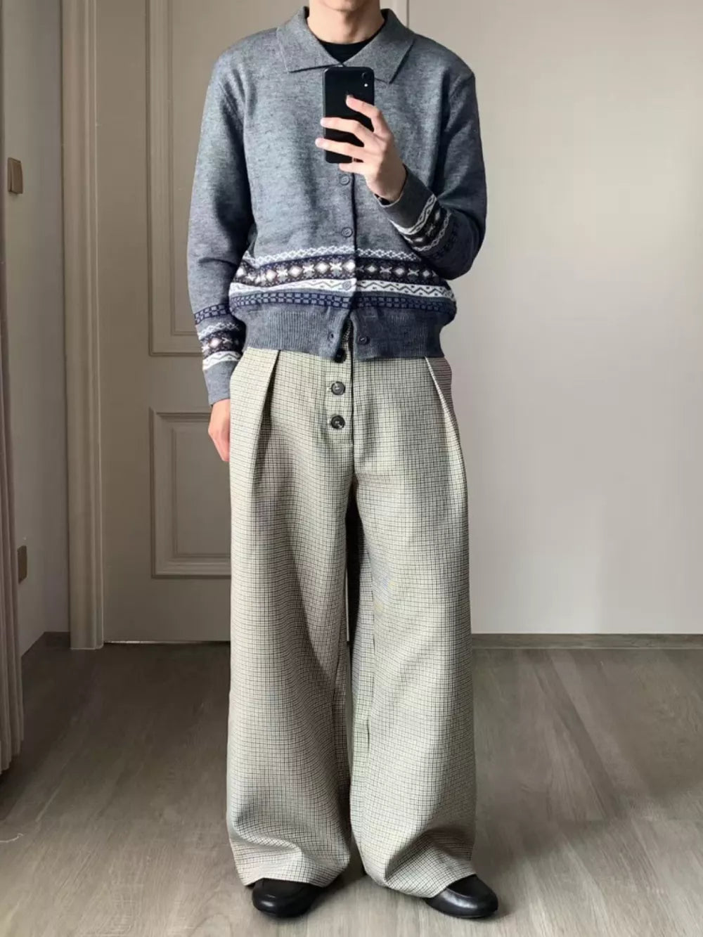 Chic high-waisted wide leg sweatpants in light grey plaid with button detail.
