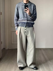 Chic high-waisted wide leg sweatpants in light grey plaid with button detail.