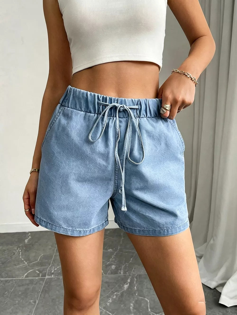 Drawstring High Waist Denim Shorts, close-up detail