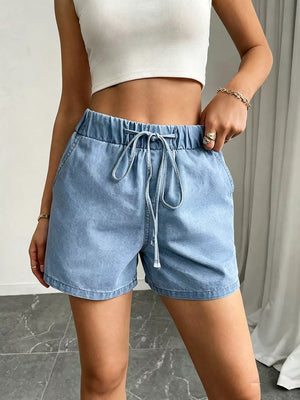 Drawstring High Waist Denim Shorts, close-up detail
