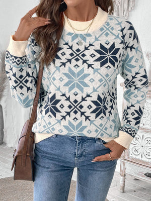 Light blue acrylic crewneck sweater with snowflake fair isle pattern