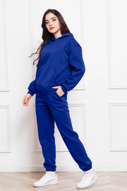 Blue relaxed fit hoodie and joggers set with kangaroo pocket.