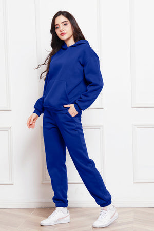 Blue relaxed fit hoodie and joggers set with kangaroo pocket.