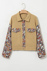 Khaki waffle knit jacket with floral print sleeves and collar accents.