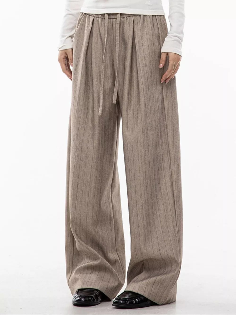 Khaki wide-leg pleated trousers with pinstripes and drawstring waist